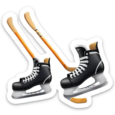 An icon featuring close-up shots of key hockey equipment: a hockey stick, puck, and skates. The background shows a packed stadium with cheering fans, bright arena lights, and an icy rink. Transparent background highlights the essentials of the game and the thrill of the sport. sticker