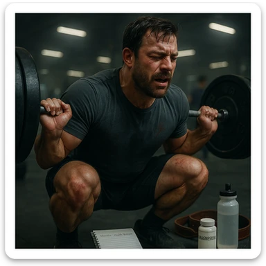 Inspired by the style and color palette of the provided image, depict a muscular 30-year-old man performing a heavy squat in a gym, sweaty, hands with chalk, diary nearby, dark circles and redness on joints. On the floor: water bottle, magnesium, belt. Background: blurred real gym with cold lighting. Cinematic realism. sticker