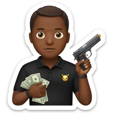 franklin saint from snowfall perhaps holding money and gun but he is with a black polo shirt sticker