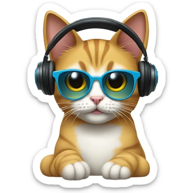 cat with cat ear headphones and sunglasse sticker