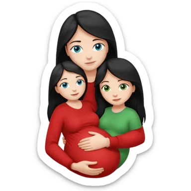 Make a couple emoji they are 18. The girl has long black hair and blue eyes and is hugging a pregnant boy with light brown hair and green eyes they are both wearing red top. They are both white  sticker