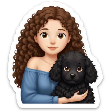 a girl with long brown curly hair and a black fluffy dog is lying on her left shoulder and neck sticker