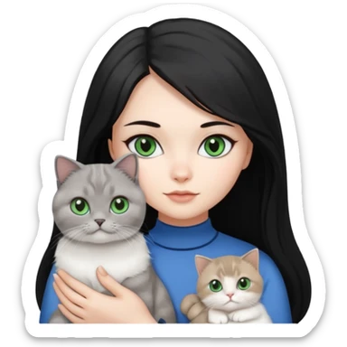 Black long hair, white skin, pretty black eyes, a woman with a gray Scottish fold green eye cat and a white blue eye cat
 sticker