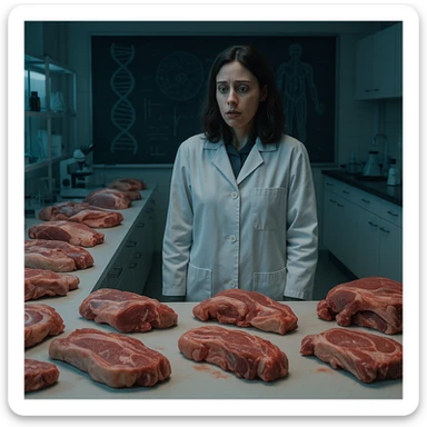 scientific laboratory with countertops full of ambiguous pork cuts, a woman looking at the meat with terrified gaze, background with a blackboard showing DNA and human anatomy drawings, bluish lighting, psychological atmosphere, 4K quality sticker