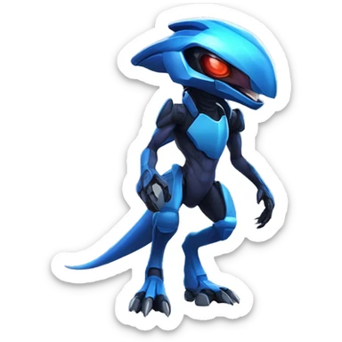 a black-blue Genesect-Raptor-Fakémon—hybrid with a futuristic visor-helmet full body sticker