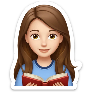 happy white long brunette hair girl with hazel eyes wearing light reading a book  sticker