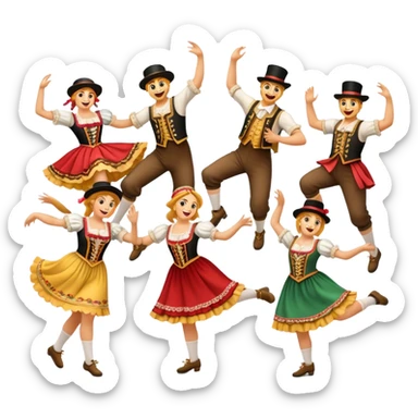 Cinematic Realistic Schuhplattler Dance Emoji, depicted as a lively traditional folk dance scene with performers in authentic Bavarian costumes, rendered with dynamic textures and festive natural lighting that captures the spirit of rural celebration. sticker