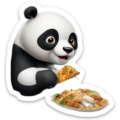 A panda eating chinese food and wearing boxing gloves sitting in a huge train sticker