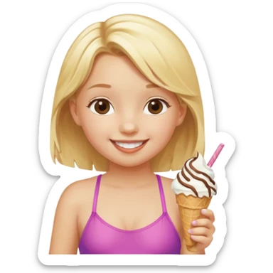 girl kid blone haired swimsuit, eating ice cream, sun sticker