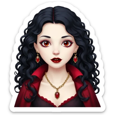 Vampire lady Pale queen with ruby necklace, curly black long hair sticker