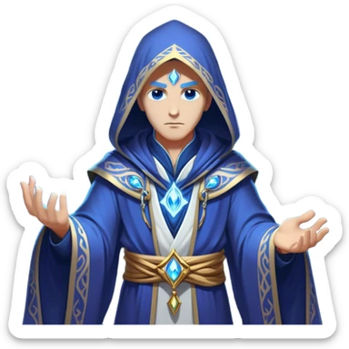 Clash of Clans aesthetic friendly Mage Portrait Emoji, With an enigmatic, slender build draped in flowing mystical robes adorned with arcane symbols, piercing eyes and a determined aura, his face rendered in a natural skin tone (not yellow), Simplified yet sharply defined features, highly detailed, glowing with a cool, otherworldly radiance, high shine, wise and resolute, stylized with an air of ancient sorcery, focused and mystical, soft glowing outline, capturing the essence of a powerful mage ready to unleash enchanted spells on epic adventures! sticker