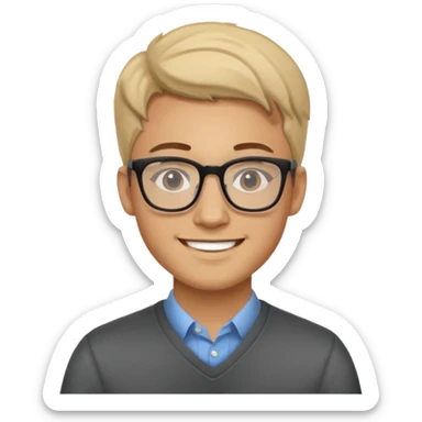 a man in his early 20s wearing glasses for a tech company, his job is marketer sticker
