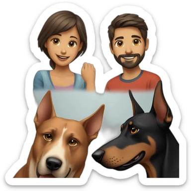 A boy with beard and with a beautiful girl playing with a boy Doberman dog sticker