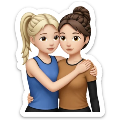 Comforting Hug two white skin women, one shorter woman with brown simple top ponytail, not braided, and one taller woman with long black side braid sticker