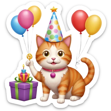 Ginger cat celebrates birthday, birthday hat, birthday cake, balloons, happy, gifts sticker