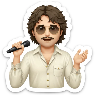 cinematic realistic - messy, shaggy with big sideburns Jim Morrison in an ivory Victorian shirt, singing in a trance on stage, wearing Ray Ban sunglasses sticker