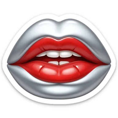 slightly parted lips, silver chrome material, glossy wet shine, seductive aesthetic sticker