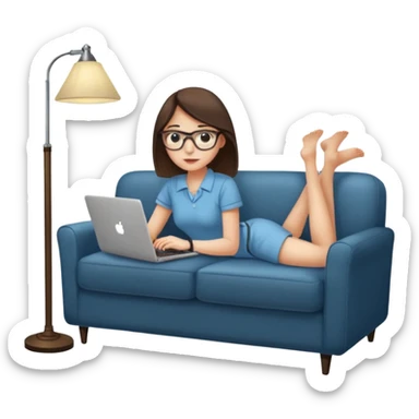 A girl is working with a laptop while lying on a sofa, with a floor lamp to the right. sticker