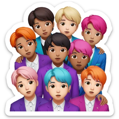Cinematic Realistic group portrait of BTS featuring all 7 members in stylish modern attire, with detailed facial expressions and vibrant colors, captured in dynamic, contemporary lighting that emphasizes their global pop icon status sticker