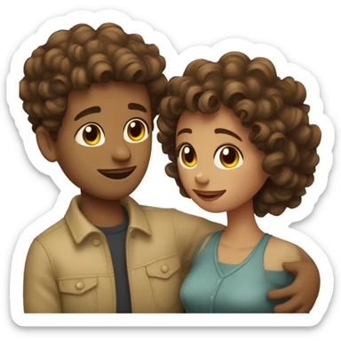 Curly girl with brown hair cuddling with her husband with straight vintage style hair cut and brown hair  sticker