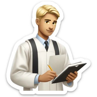 Young light tan college graduate male taking notes while looking up sticker