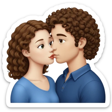 A couple kissing, the man would be white-skinned, short-curly, brown-haired. The serious woman with white skin, long hair and brown color sticker