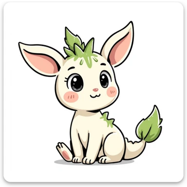 Kawaii bunny plant dragon with tiny spikes, extremely cute, giant sparkly eyes, blushing cheeks, pastel colors, small mouth, adorable expression, colored pencil texture, visible pencil strokes, soft blending, textured shading sticker