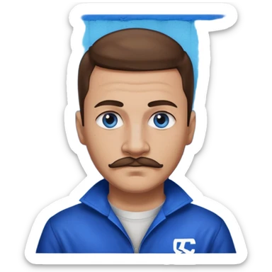 Graffiti from Lockdown with light skin, blue eyes, brown hair and thin mustache , cobalt blue inmate outfit  sticker