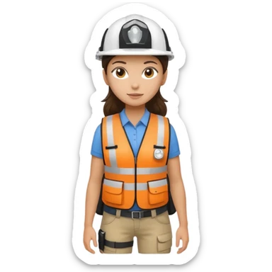 Brunette brown Girl full body standing with her white security helmet and security vest on, also with her black backpack sticker