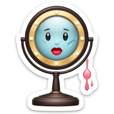 Minimalist emoji-style sticker of a vanity mirror with dim bulbs and cracked glass, words “Am I real yet?” smeared in dusty lipstick tone


 sticker
