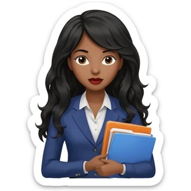 A young woman with long black hair, a wavy frange falling on half of her head. There's a long wavy stretch of hair falling on the side of her head. She's black, medium to dark skinned with thick lips. She's holding folders, and she's a CEO, but she's wearing casual clothes. she has long eyelashes. sticker