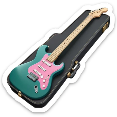 minimalist electric guitar in dark green with pink and blue stripe decal, closed inside a black rectangular hard case with gold latches, flat semi-3D style, soft matte textures, simplified details, stylized decal accent, ready-to-play symbol sticker