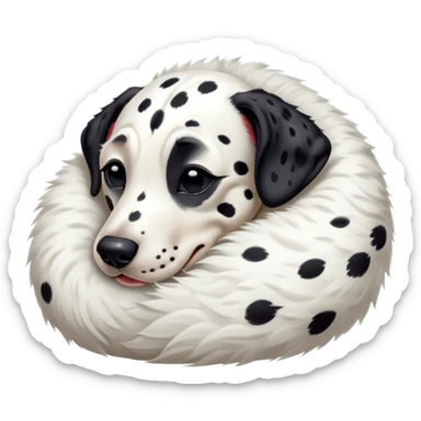 Meme-Worthy Cute Sleeping Spotted Dalmatian Portrait Emoji, Head resting peacefully with a contented smile, showcasing a delightfully majestic build and a luxuriously soft Fur of predominantly white with bold black patches, eyes shut in a serene nap, Simplified yet hilariously adorable features, highly detailed, glowing with a soft, drowsy light, high shine, relaxed and utterly lovable, stylized with an air of playful laziness, bright and heartwarming, soft glowing outline, capturing the essence of a comically sleepy guardian, so meme-worthy it feels like it could instantly become the next viral sensation of adorable slumber! sticker