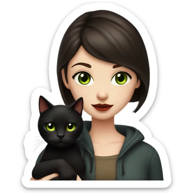 A teenage girl with white skin, she have some green hazel eyes, red lipstick, mid long straight dark brown hair, she have an eyeliner and she is holding a black cat in her arms, view from close sticker