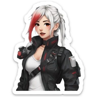 Gorgeous techwear anime style lady with blushing face aesthetic and pretty edgy black red white punk messy hair with collar and harness trending style sticker