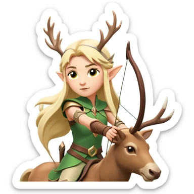 clash-of-clans-aesthetic-blond-elf-archer-portrait-emoji, rendered in a flat, vector-style with minimal shading and bold, simplified shapes, head tilted slightly forward with a determined, focused expression, riding a majestic stag whose luminous antlers glow with mystical energy, set against an ancient, enchanted forest backdrop. sticker