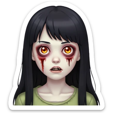 make a zombie girl with long black hair and straight bangs in the middle of the forehead  sticker