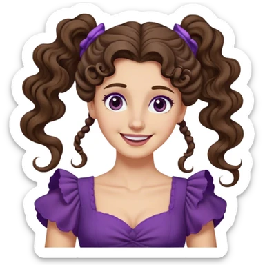 Femme aux cheveux longs et bruns, attachés en une queue-de-cheval haute et bouclée. Une mèche retombe sur son front. Elle porte une robe violette de style antique et a un sourire espiègle. sticker