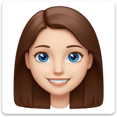 emoji of a girl with straight brown hair and blue eyes smiling on a white background sticker