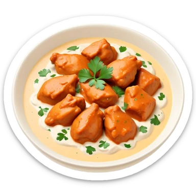 Butter Chicken Cinematic Realistic Butter Chicken Dish Emoji, depicted as tender chicken pieces sliced up and bathed in a creamy white sauce garnished with fresh cilantro, rendered with rich textures and vibrant, appetizing lighting. sticker
