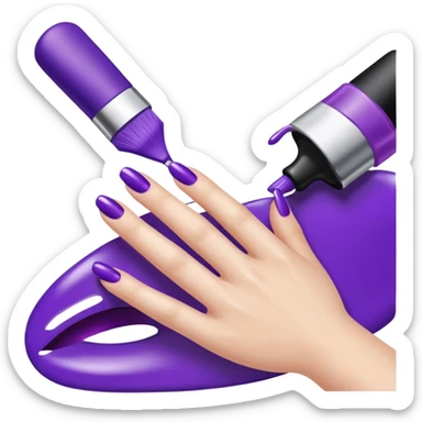 A close-up illustration of a hand with long, glossy purple-painted nails. A nail polish brush is shown applying purple polish to one of the nails, with smooth, clean strokes. The style is bright, polished, and emoji-like, emphasizing nail care, beauty, and manicure aesthetics. sticker