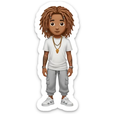 Brown skin darker skin black boy with dreadlocs, straight and shoulder length locs, with tattoos and stud earrings and ginger/brown hair wearing white tee and grey sweatpants , a chain, and slides  sticker