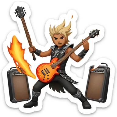 An icon showing a rock musician wielding a guitar in an epic battle, inspired by Brutal Legend. The design features fiery backgrounds, musical notes floating in the air, and electrifying stage lights, capturing the power of music and combat. Transparent background highlights the energy. sticker