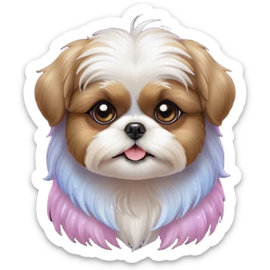 Cinematic Cute Shih Tzu Portrait Emoji, Head playfully tilted with large, sparkling eyes and a fluffy, endearing fur in gentle, pastel tones, simplified yet irresistibly charming, highly detailed, glowing with a warm, cuddly radiance, high shine, radiating affectionate and joyful energy, styled with a soft, playful outline, capturing the essence of a cute Shih Tzu that seems destined to charm everyone in its path! sticker