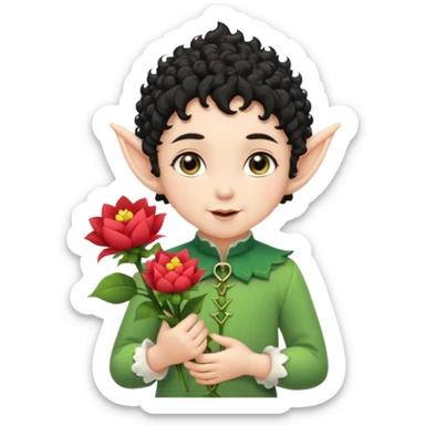 Tiny elf baby black curly hair with pointy ears, hold flowers sticker