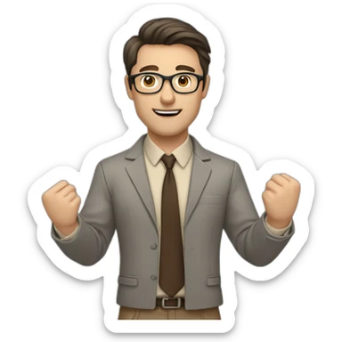 To belt Actively gesturing with hands Pale skinned fit man teacher with dark brown hair in gray jacket, beige office shirt, brown tie, brown pants and vintage glasses. sticker