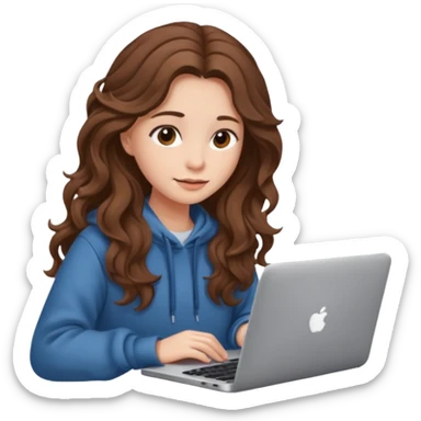 make a picture in ios 18 style of a girl with brown long wavy hair wearing cozy clothes and working on a laptop sticker