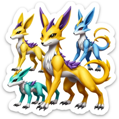 Colorful Meloetta-Bolthund-Renamon-Wargreymon-Sergal-Pokémon-Digimon-Fakémon-fusion-hybrid-creature sticker
