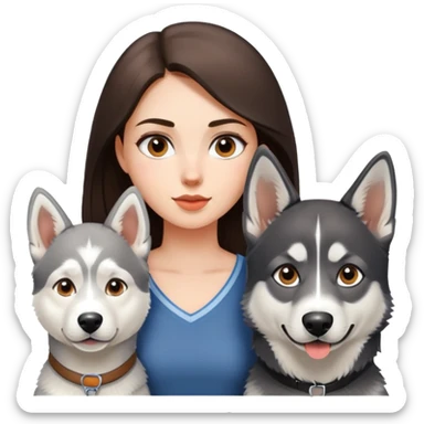 A brunette girl accompanied by her white and gray husky and her German shepherd  sticker