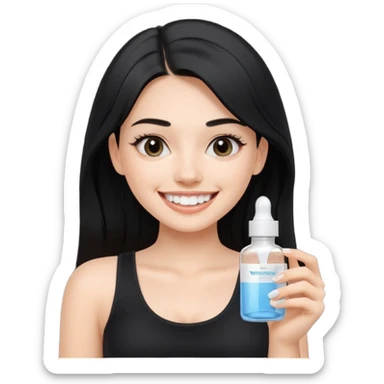 apple style emoji of a fair-skinned girl with beautiful black hair, wearing a black crop top, smiling widely with very white teeth, holding a simplified whitening serum bottle with shape and colors only, no text or branding sticker